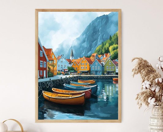 Affiche Fjord Norvégien – Poster Bateaux Colorés à Bergen