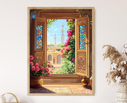 Affiche Shiraz – Illustration de fenêtre en bois avec motifs persans