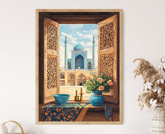 Affiche Isfahan – Illustration de fenêtre en bois avec vue sur Naqsh-e Jahan