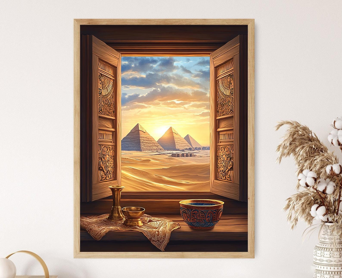 Affiche Giza – Illustration de fenêtre avec pyramide et mashrabiya égyptienne