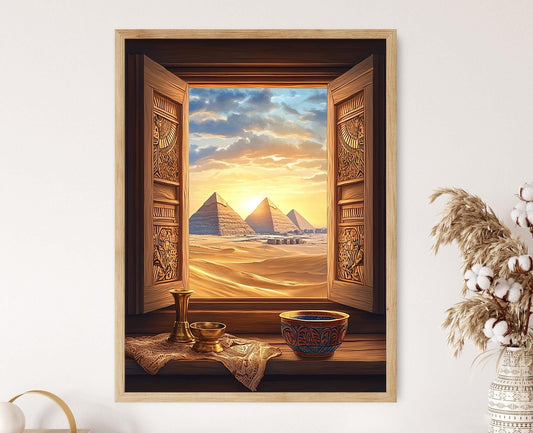 Affiche Giza – Illustration de fenêtre avec pyramide et mashrabiya égyptienne