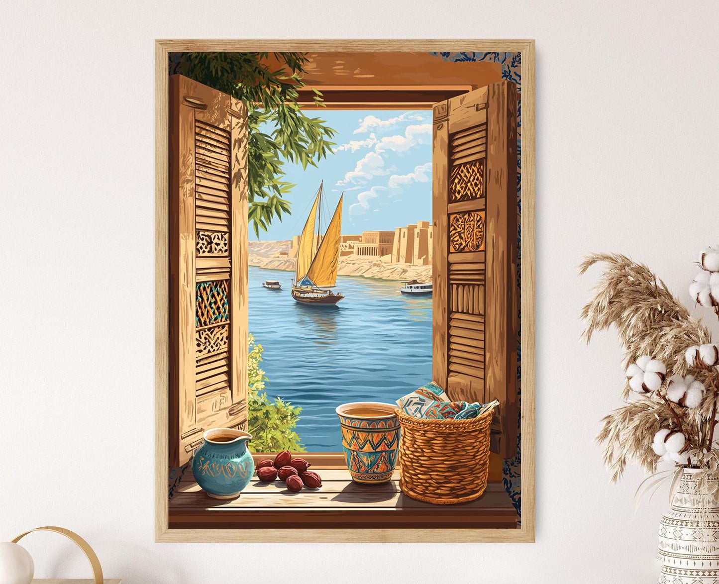 Affiche Aswan – Illustration de fenêtre avec motifs nubians et vue du Nil