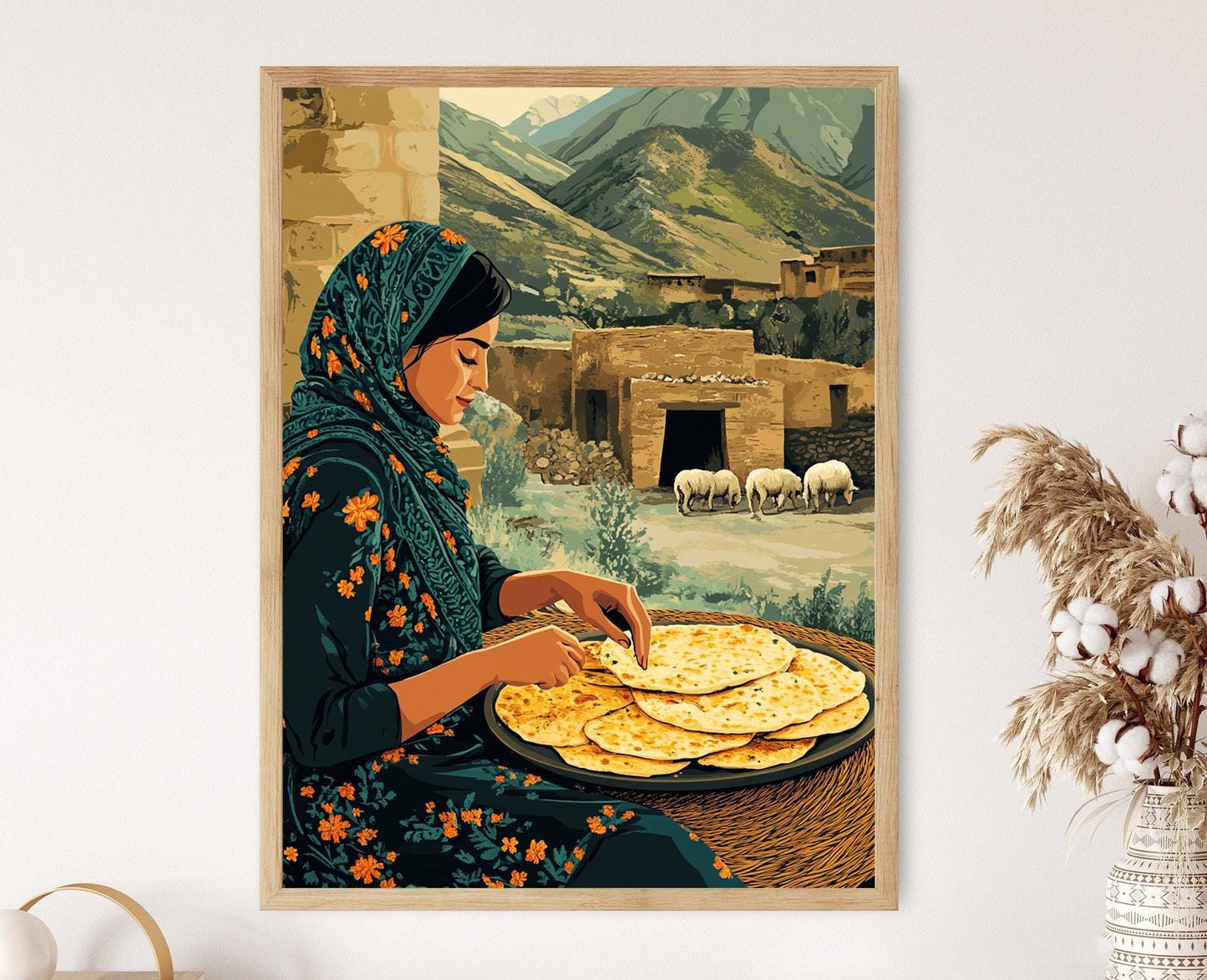 Affiche Femme Afghan Cuisine Bolani – Impression Art, Scène Rustique