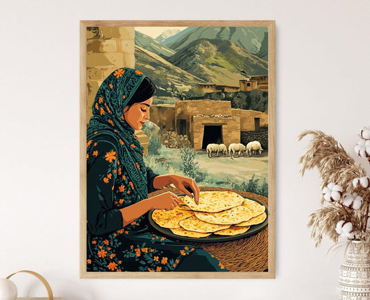 Affiche Femme Afghan Cuisine Bolani – Impression Art, Scène Rustique