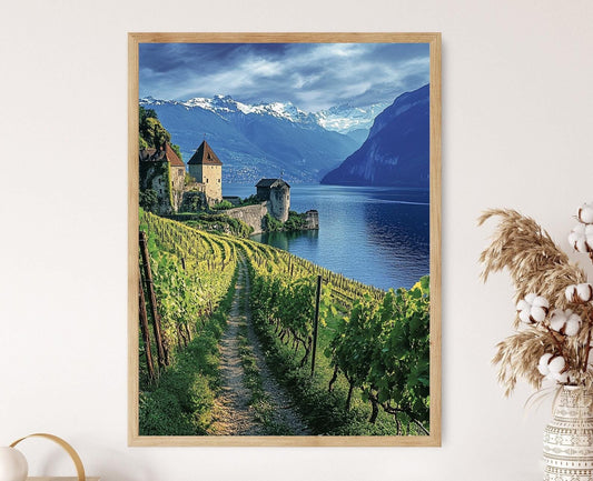 Affiche Lac Léman – Poster Art de la Suisse, Eau Éclatante & Alpes Neigeuses