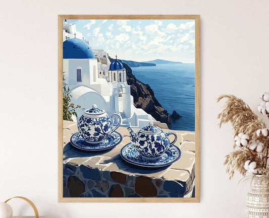 Affiche Thé Grec – Poster Art de Santorin en Décor Aigéen