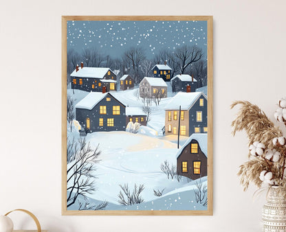 Affiche Hiver du Connecticut – Illustration d'une Petite Ville Chaleureuse