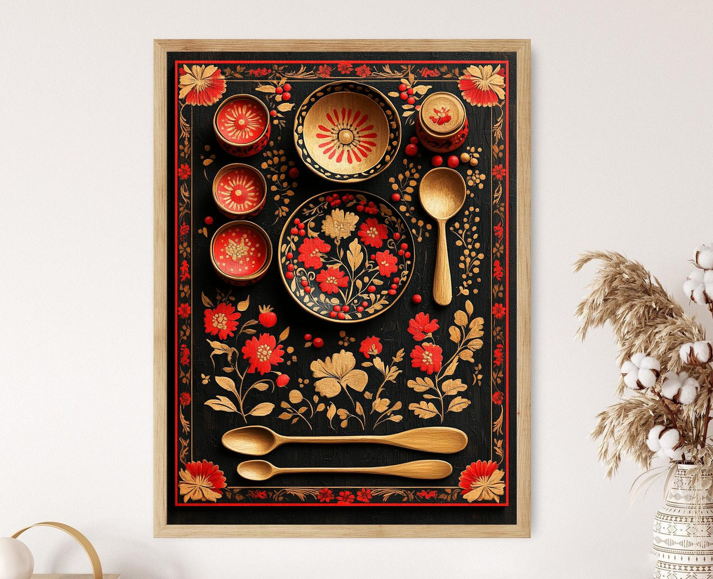 Affiche Khokhloma Russe – Illustration d'Ornement en Bois Peint à la Main