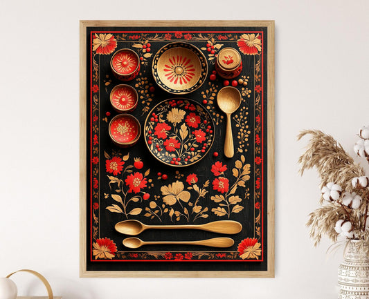 Affiche Khokhloma Russe – Illustration d'Ornement en Bois Peint à la Main