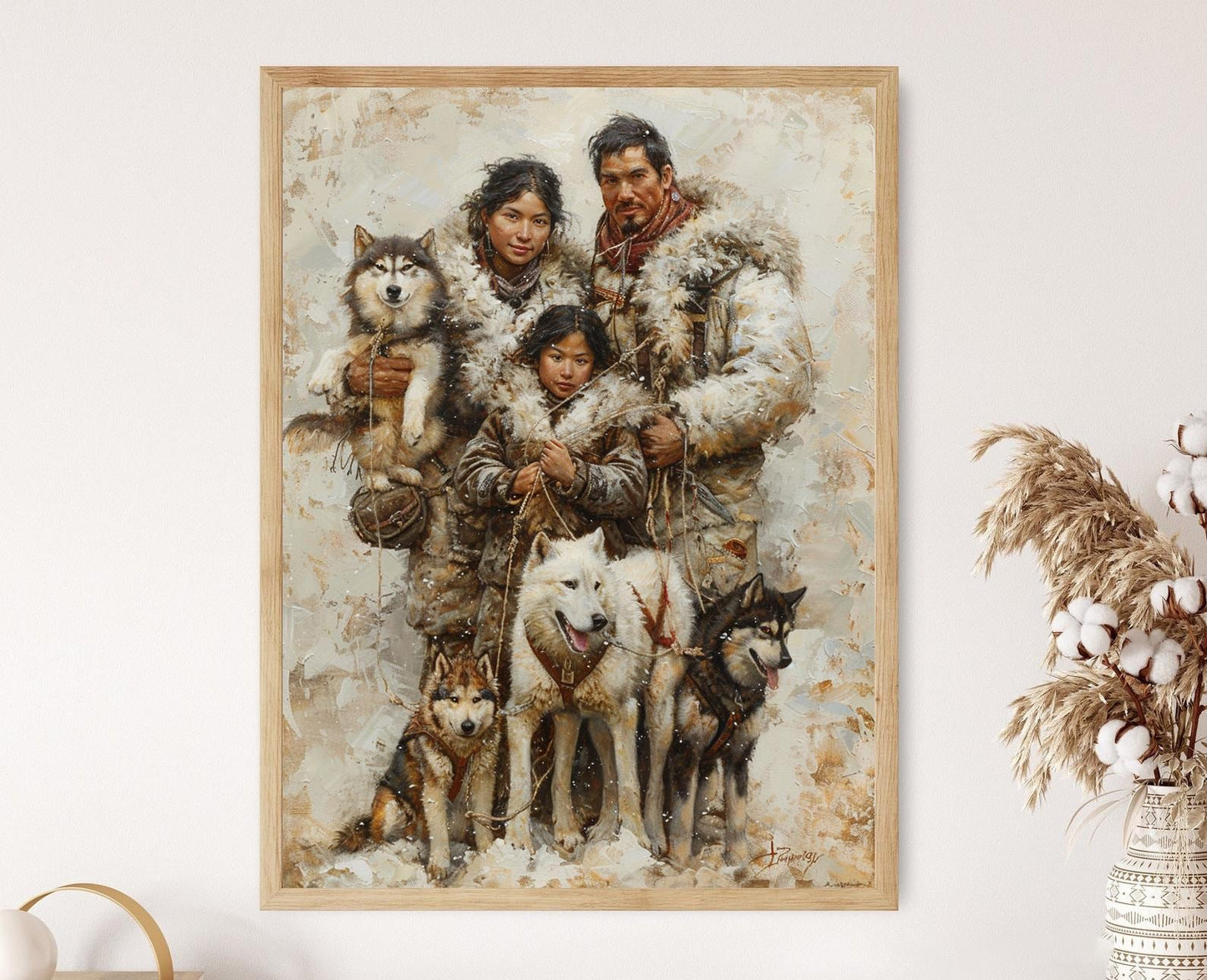Affiche Inuit – Poster Peinture culturelle de famille avec chiens de traîneau