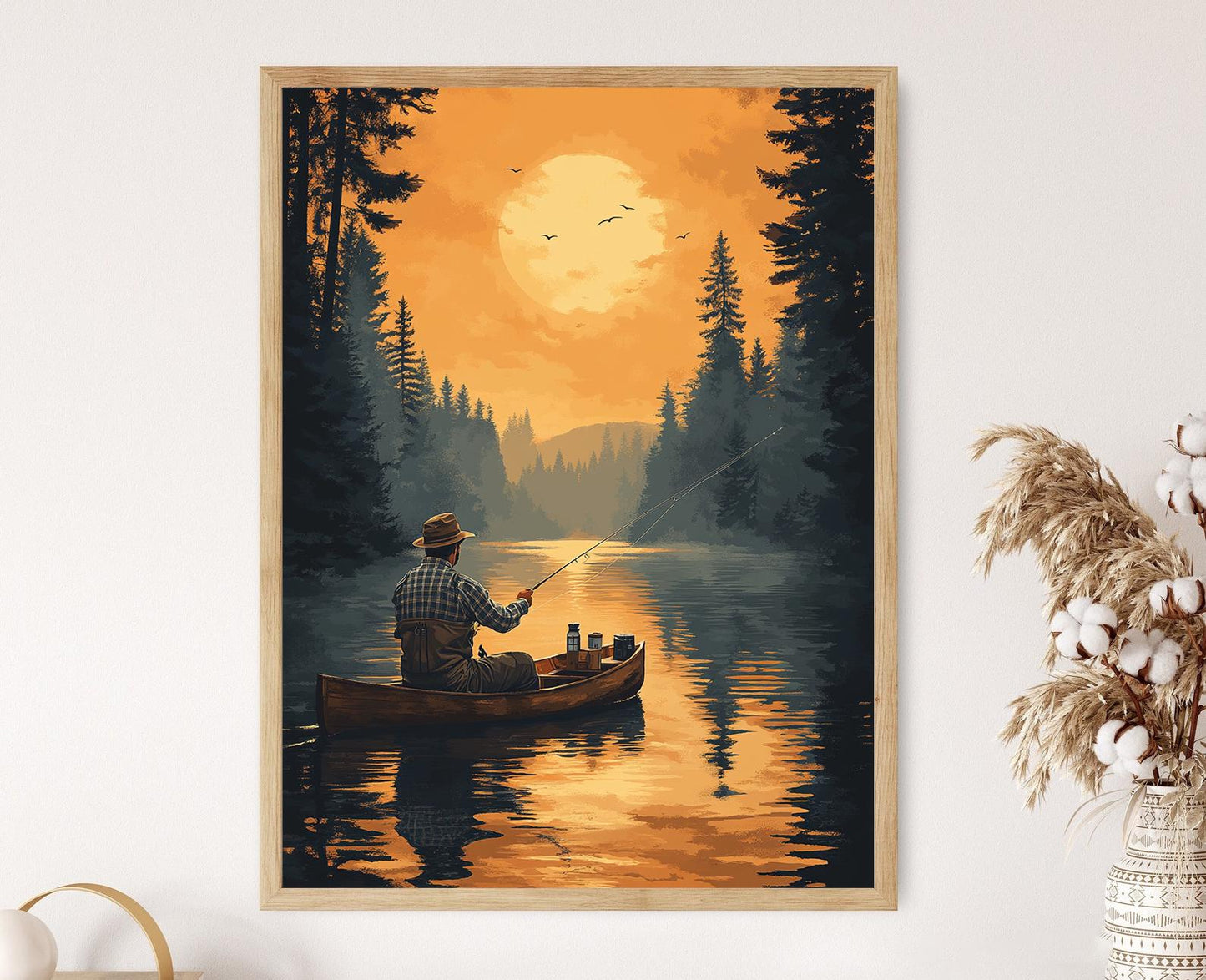 Affiche Pêche à la Mouche – Illustration d'un Pêcheur en Barque sur un Lac