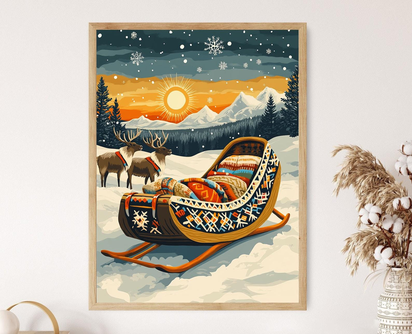 Affiche Rénne Nordique – Poster Illustration de Luge en Bois Sami