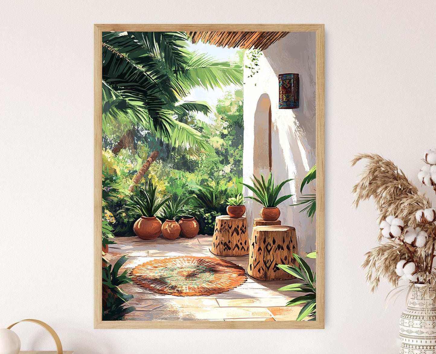 Affiche Art de Patio Nigérian – Poster Décor Adire avec Tabouret en Bois