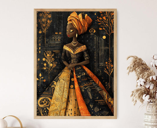 Affiche Tenue Régale Nigériane – Poster Art avec Accents Dorés et Gele