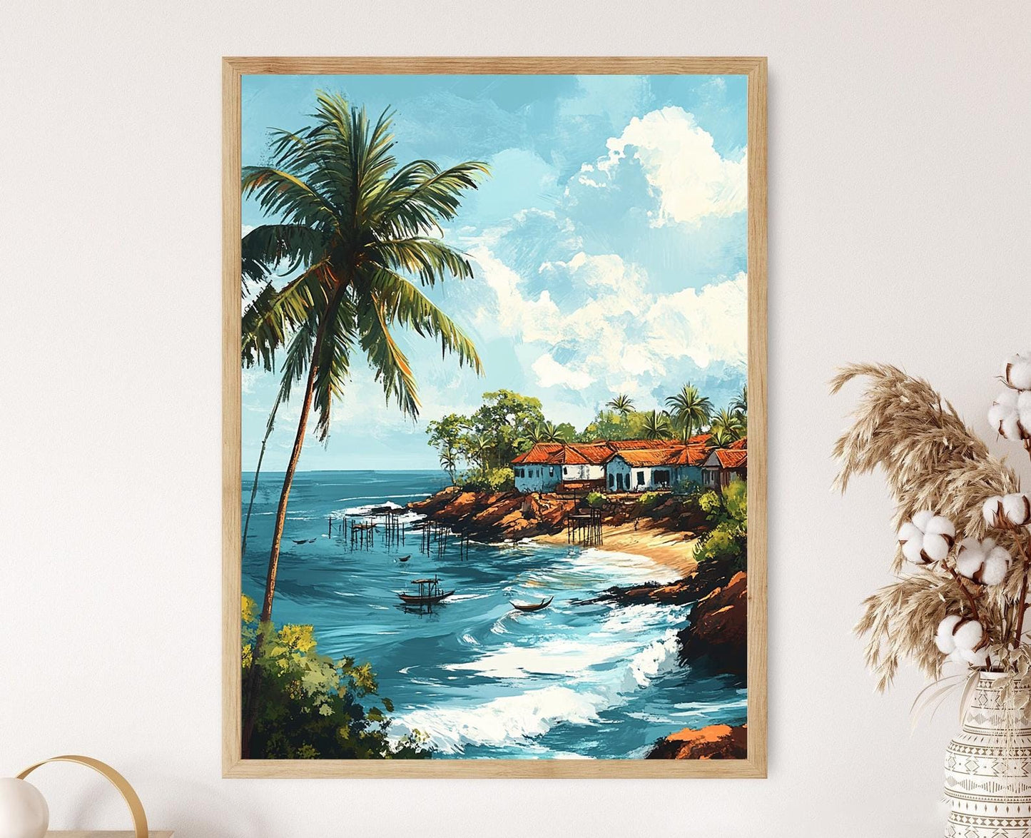 Affiche Galle Village – Poster Illustration des Pêcheurs au Coucher de Soleil