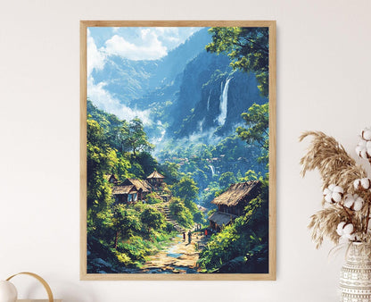 Affiche Ella Village – Poster nature du Sri Lanka avec cascade illustrée