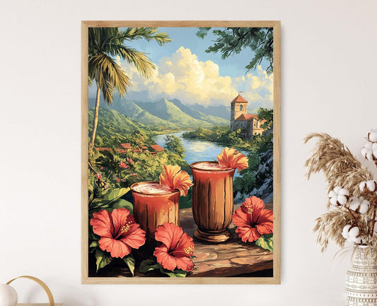 Affiche Saril Panaméenne – Poster Art avec Tasses en Bois et Fleurs d'Hibiscus