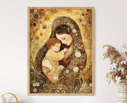 Affiche Mère et Enfant – Poster Art inspiré de Klimt avec motifs tourbillonnants et reflets dorés