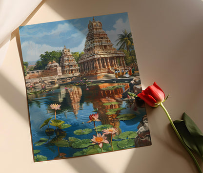 Affiche de l'étang du temple du Tamil Nadu – Art populaire du Sud indien