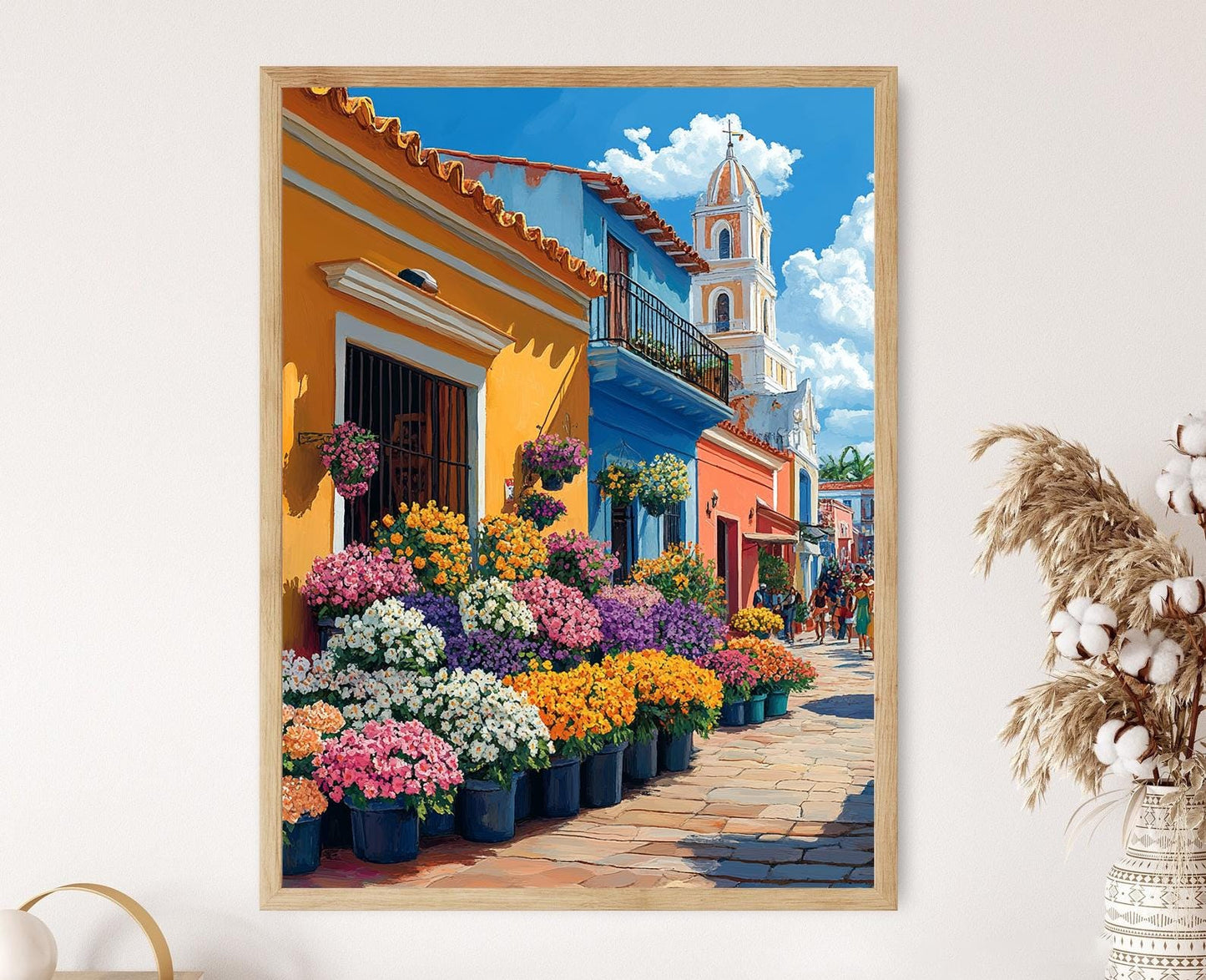 Affiche Santiago de Cuba – Impression d'art de fleurs tropicales et bâtiments coloniaux