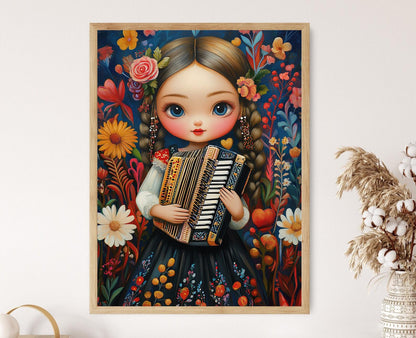 Affiche Poupée Roumaine – Poster Art Papillon avec Accordéon