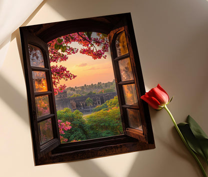 Affiche Pune, Maharashtra – Poster Shaniwar Wada et Fenêtres Bougainvilliers