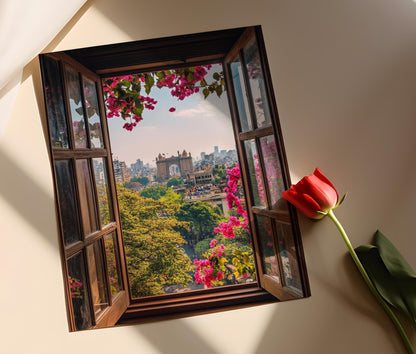 Affiche Mumbai – Poster Art de la Porte de l'Inde et fenêtres de Bougainvillée
