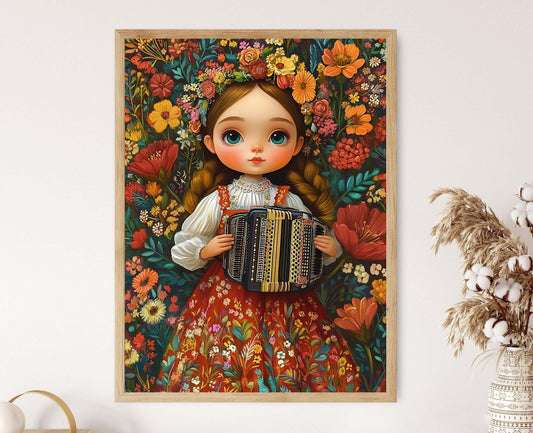 Affiche Fille Hongroise – Poster Art de Poupée avec Accordéon et Broderie Kalocsa