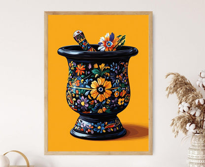 Affiche Molcajete Mexicain – Poster Mortier en Pierre avec Sculptures Aztèques
