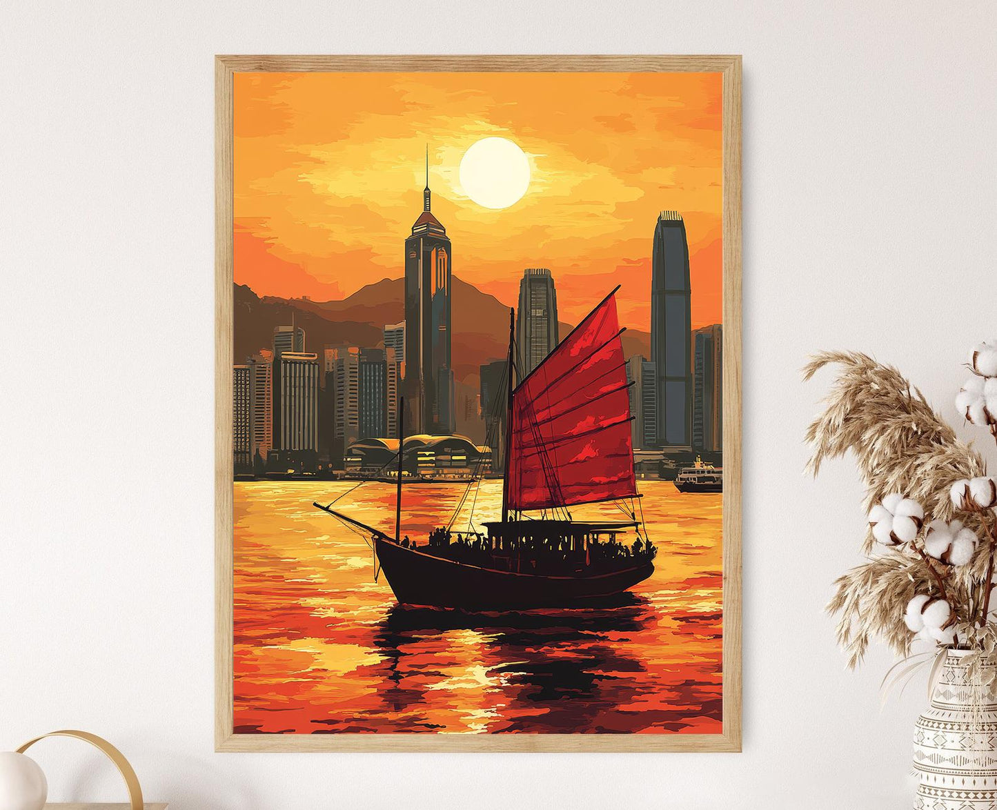 Affiche Junk Boat de Hong Kong – Poster Coucher de soleil sur le port de Victoria