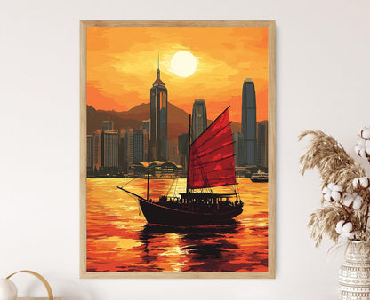 Affiche Junk Boat de Hong Kong – Poster Coucher de soleil sur le port de Victoria