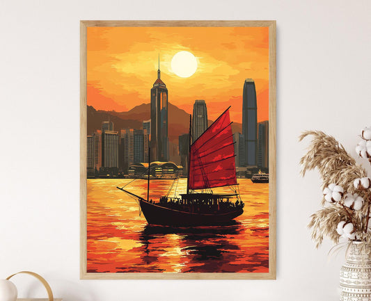 Affiche Junk Boat de Hong Kong – Poster Coucher de soleil sur le port de Victoria