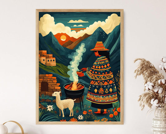 Affiche Femme Péruvienne – Illustration de la cuisson du Cuy en plein air
