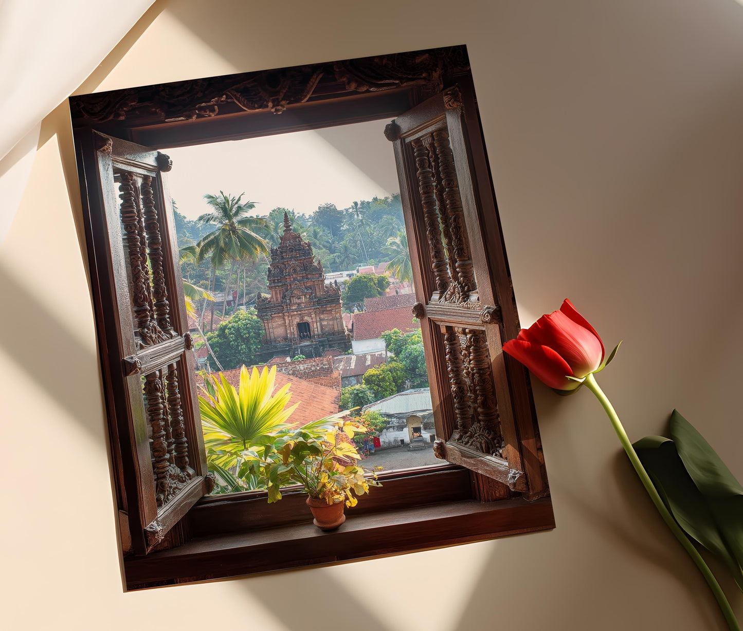 Affiche Thiruvananthapuram – Poster du Temple Padmanabhaswamy et Fenêtres en Bois