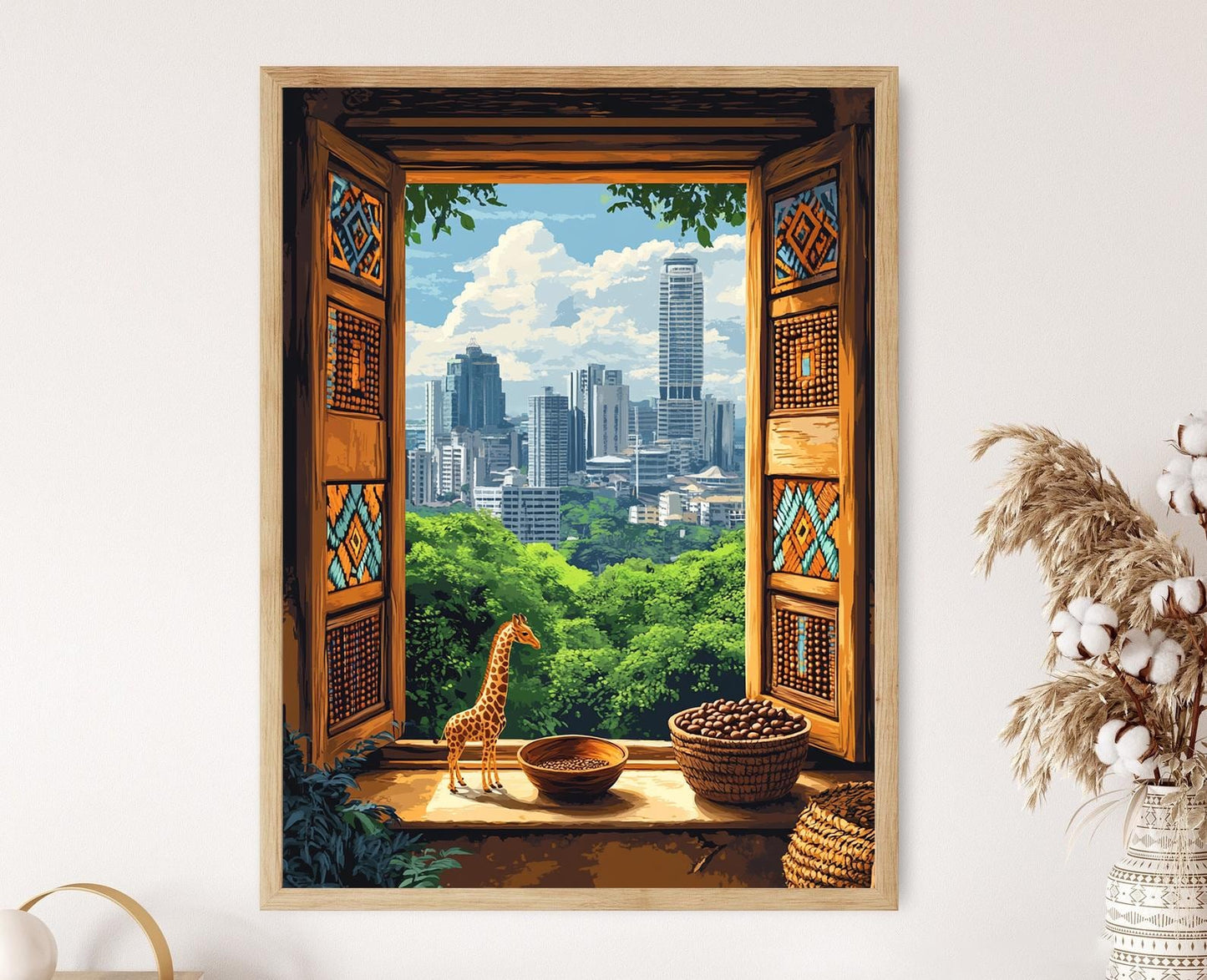 Affiche Nairobi – Illustration en bois avec motifs kikuyu et skyline
