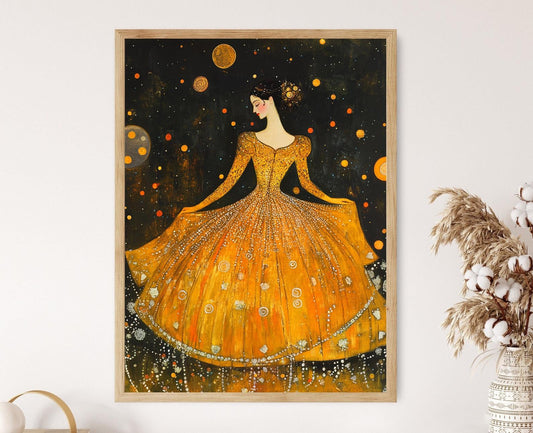 Affiche Art Nouveau – Portrait Femme en Robe Dorée, Inspiration Klimt