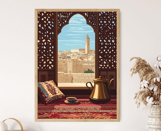 Affiche Mashrabiya d'Alep – Illustration de la Citadelle et Sculptures Syriennes