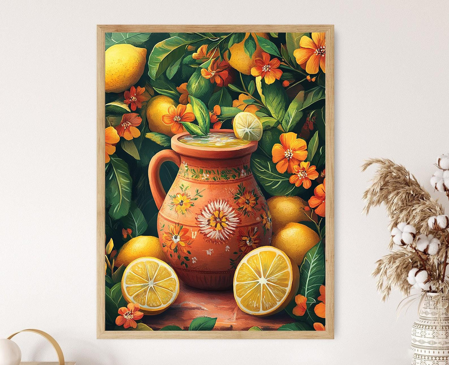 Affiche Nimbu Pani – Poster Art avec Pot en Terre, Fleurs et Citrons