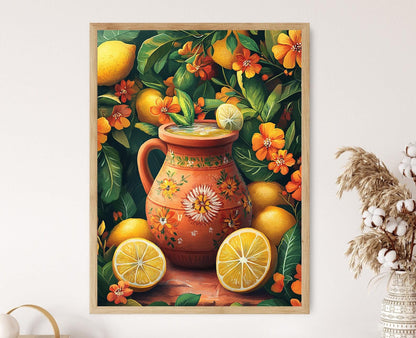 Affiche Nimbu Pani – Poster Art avec Pot en Terre, Fleurs et Citrons