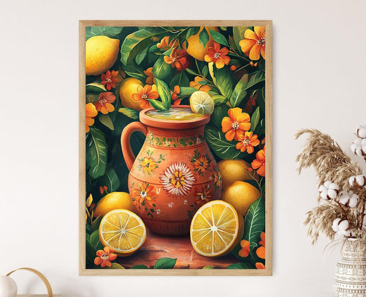 Affiche Nimbu Pani – Poster Art avec Pot en Terre, Fleurs et Citrons