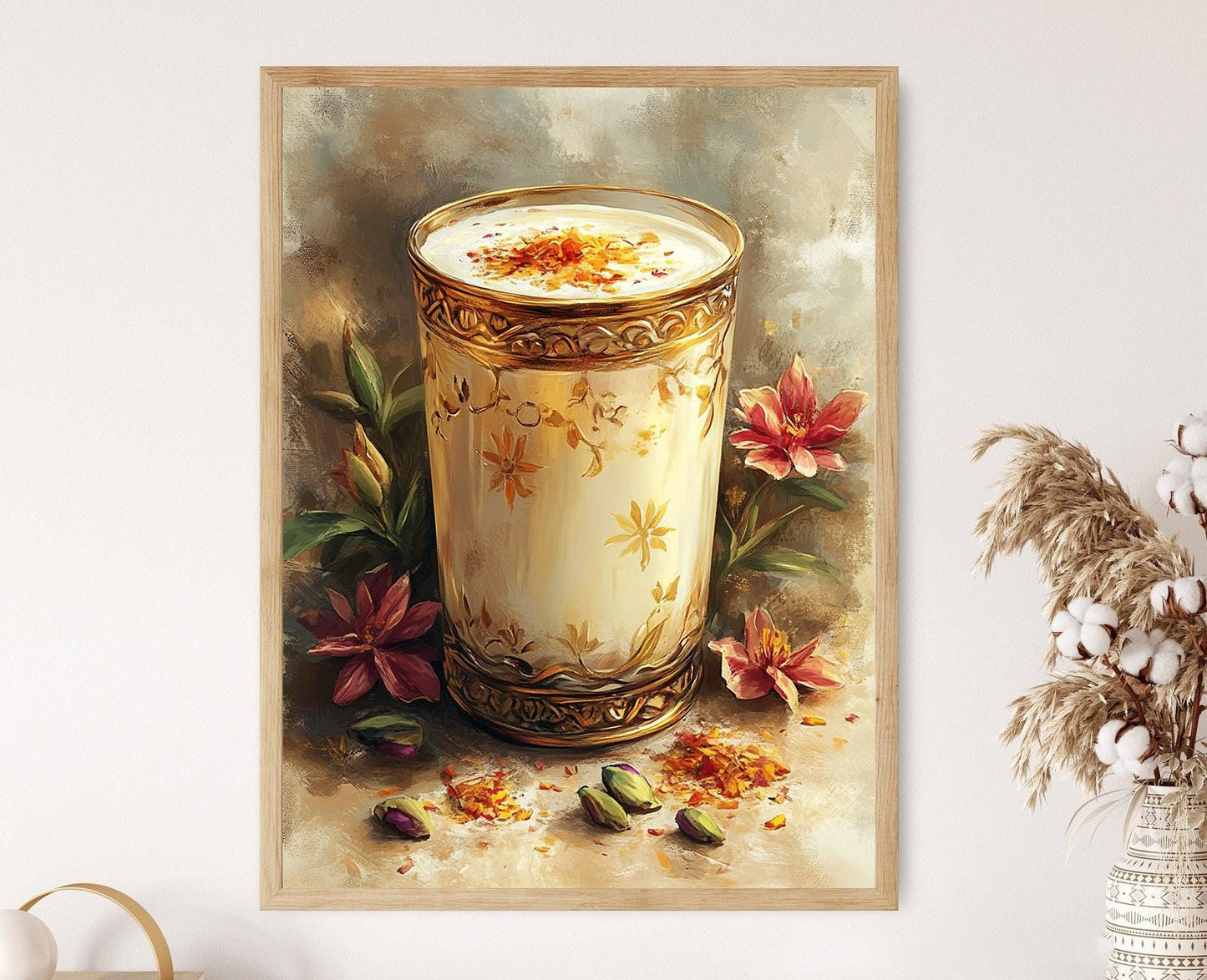 Affiche Kesar Doodh – Impression art de verre en laiton avec motifs floraux et pistaches