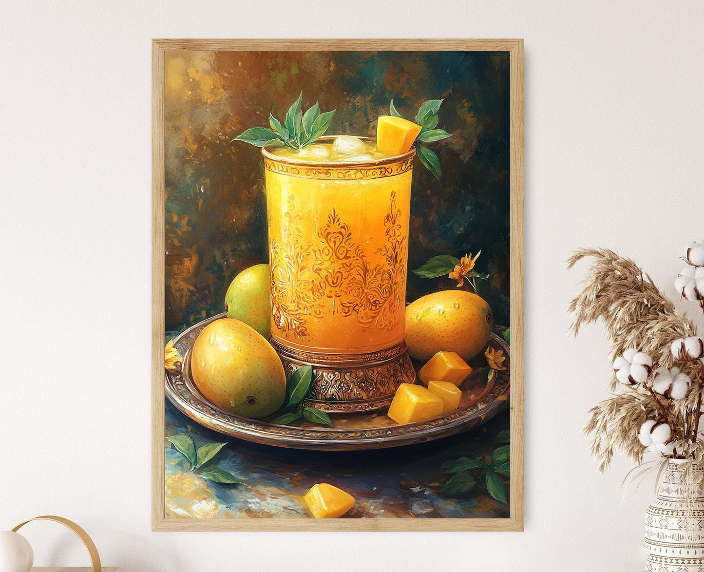 Affiche Aam Panna – Impression Art d'un Récipient Cuivré avec Mangues et Motifs Paisley