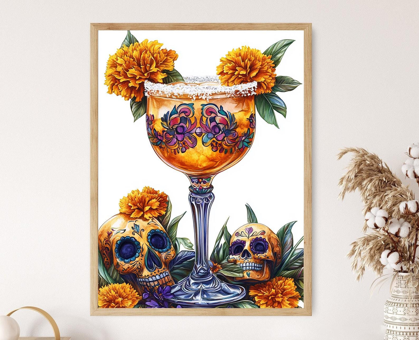 Affiche Margarita Mexicaine – Poster Crânes de la Mort et Fleurs d'Or
