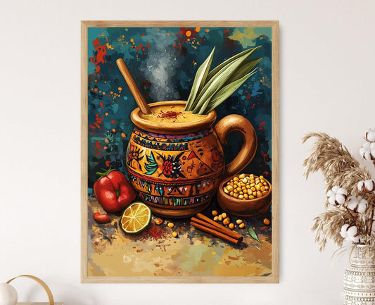Affiche Atole Mexicain – Impression d'Art de Bol en Argile avec Motifs Mayas