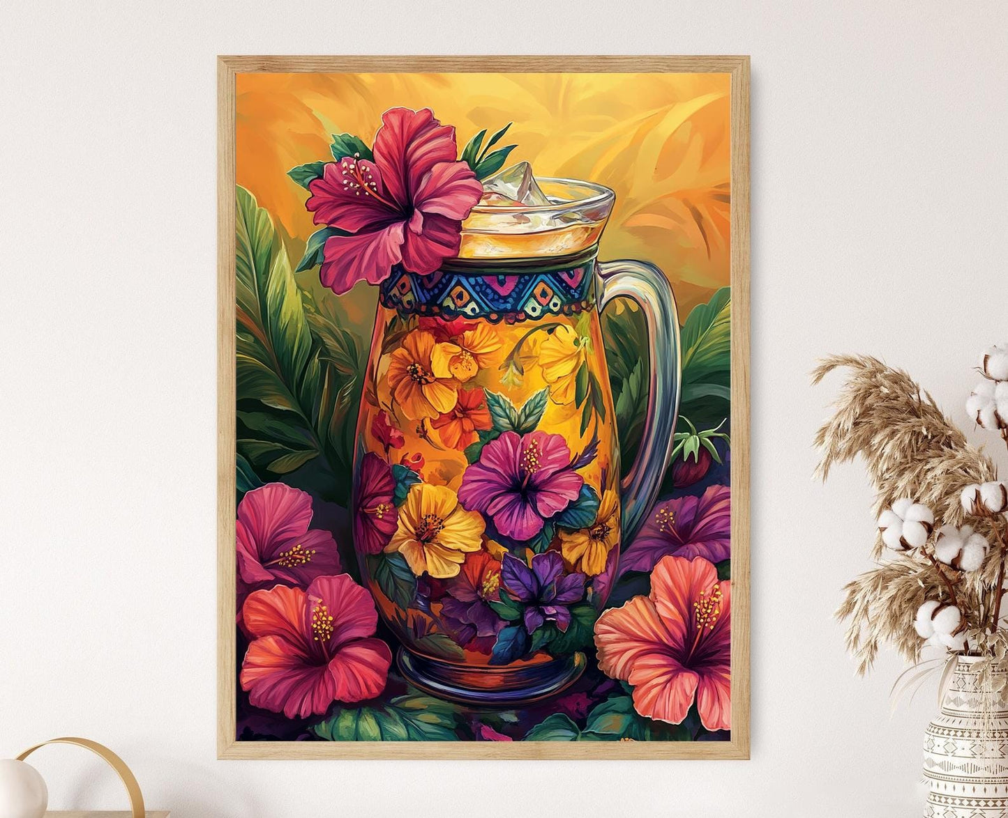 Affiche Agua de Jamaica – Impression artistique avec pichet en verre et designs Otomi