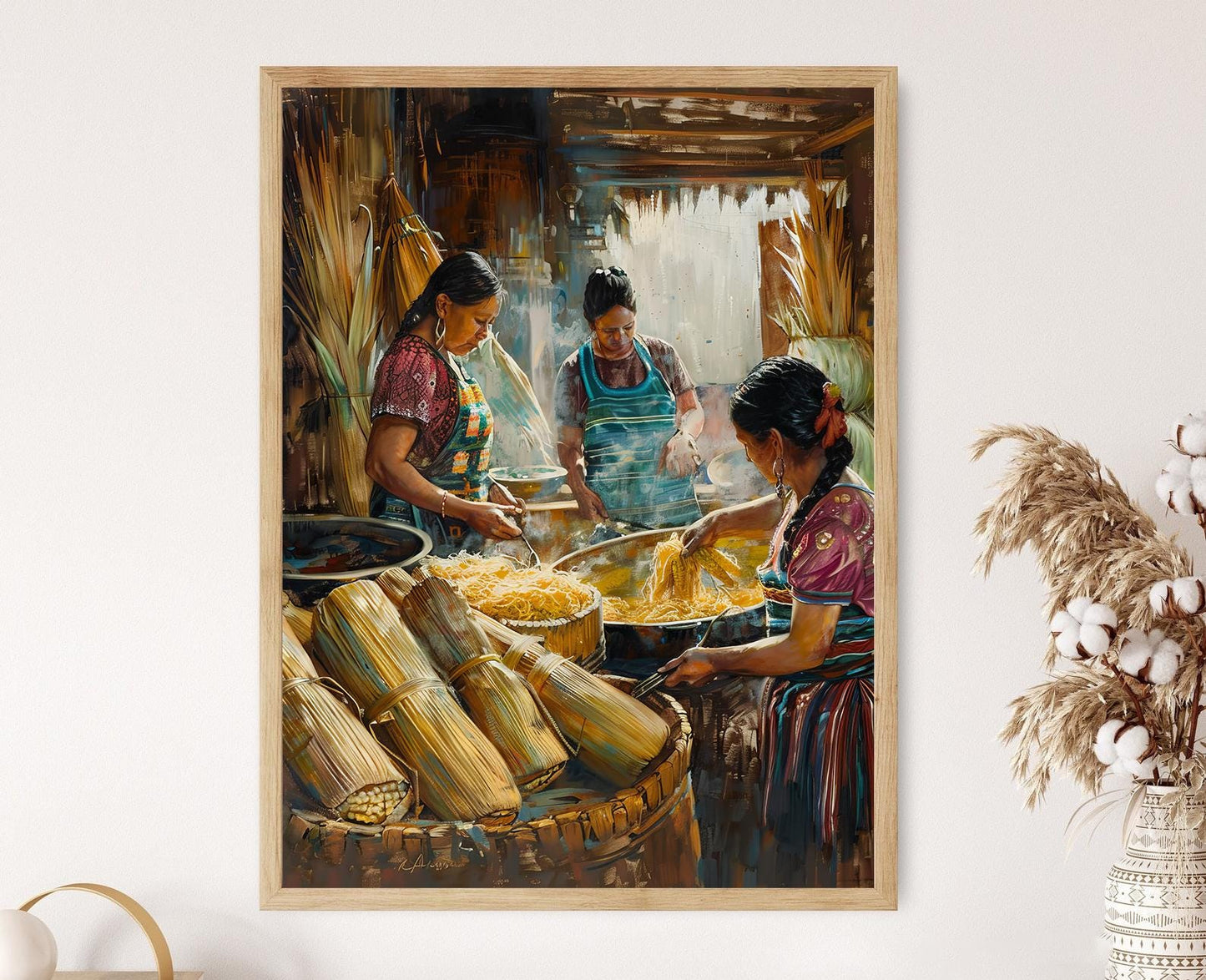 Affiche Art de Femmes Indigènes – Peinture Préparation de Tamales Guatémaltèques