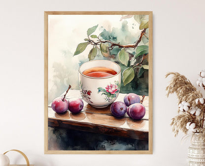 Affiche Art de Vin de Prune – Poster Tasse en Céramique avec Pivoines et Lotus