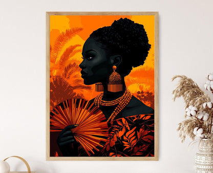 Affiche Femme Ghanéenne – Poster Art Culturelle Ashanti avec Éventail Kente