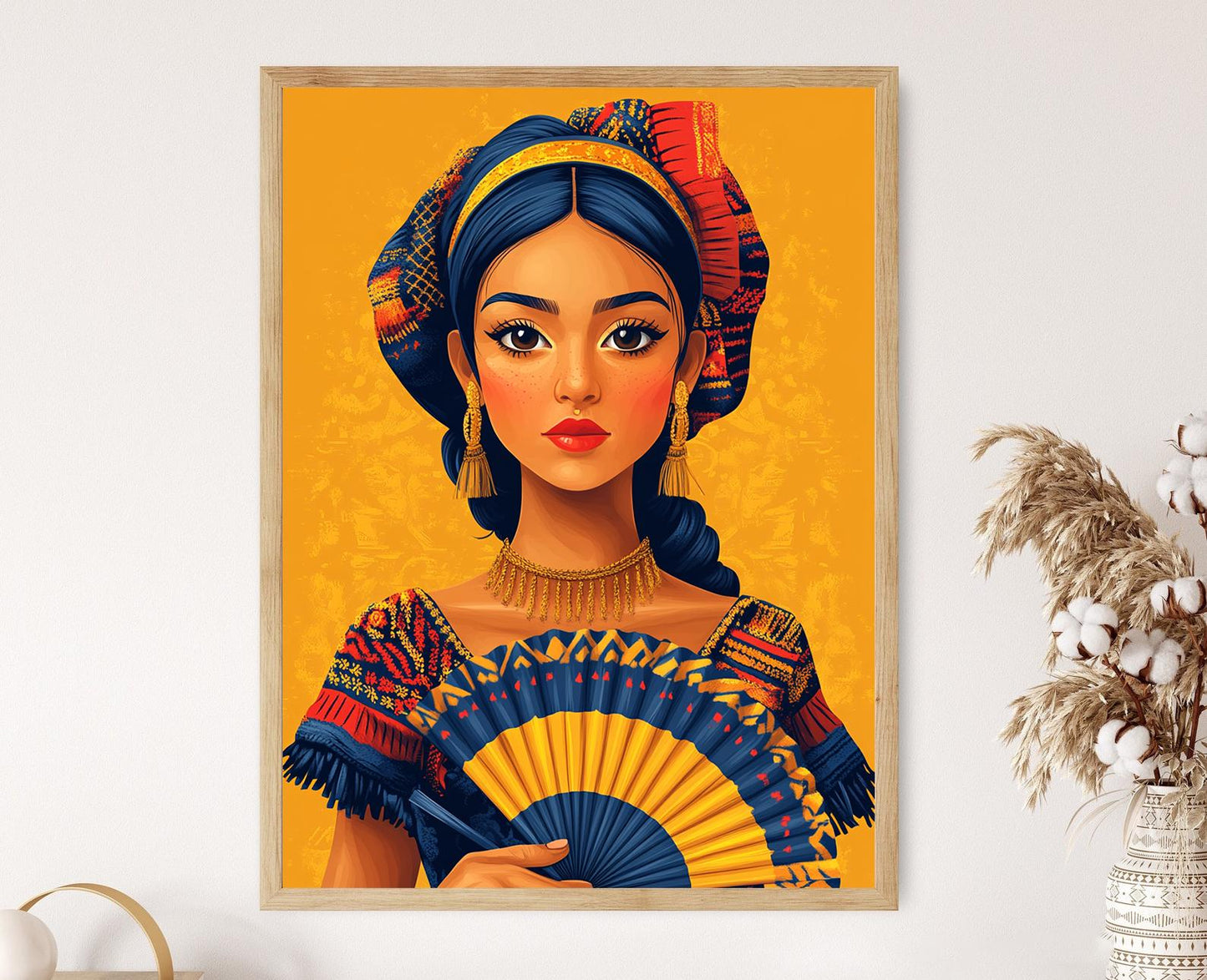Affiche Femme Colombienne – Poster Illustration Indigène avec Éventail Wayuu