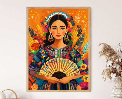 Affiche Femme Guatémaltèque – Poster Art Textile Autochtone avec Éventail Maya
